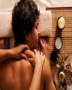 Professional therapist performing a deep tissue Neck and Shoulder Massage to relieve tension and muscle stiffness in the upper body.
