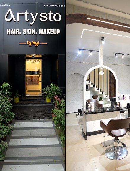 Artysto Salon interior and exterior view in Coimbatore, showing modern hair, skin, and makeup studio.