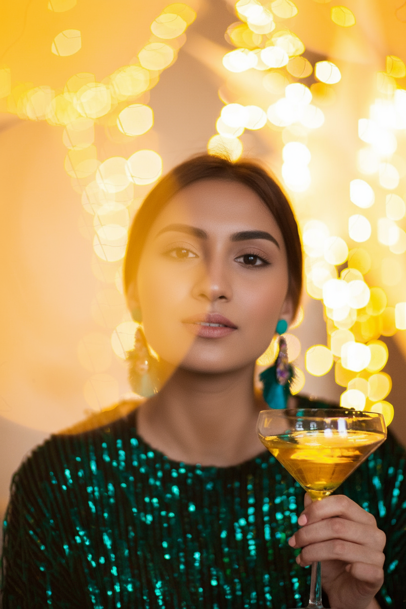 Woman with bold, striking Cocktail or Evening Makeup for a special event, highlighting dramatic features that command attention.
