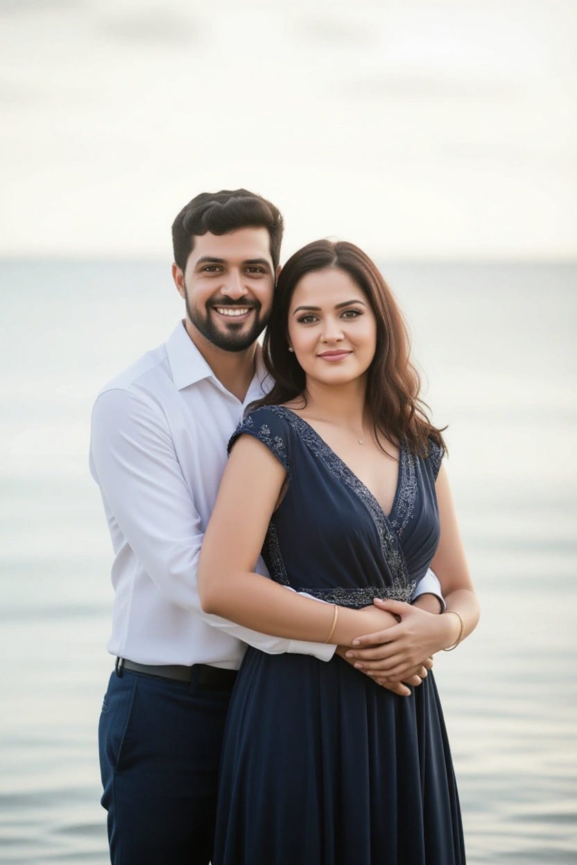 Couple posing for a Pre-wedding Shoot, with the woman wearing camera-ready makeup and styling for a picture-perfect look.