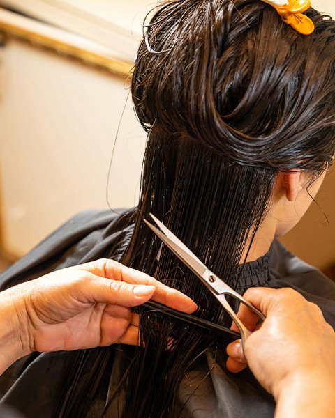 Professional stylist performing a precision women's haircut, trimming the ends for a polished and refreshed look at Artysto Salon.