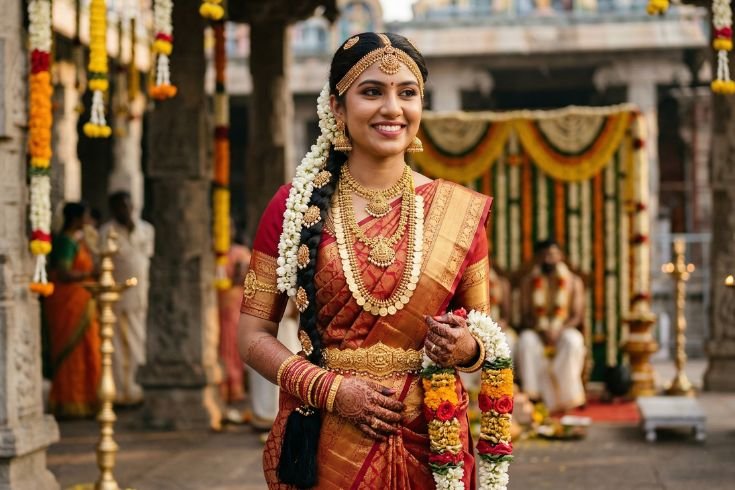 A bridal girl standing with flower and bridal makeup is done by the bridal makeup artist in Coimbatore - Artysto Salon